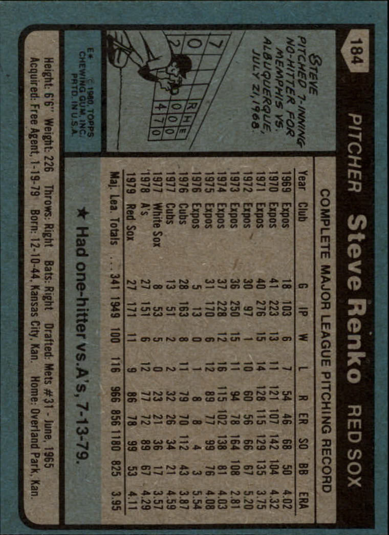 1980 Topps #184 Steve Renko DP back image