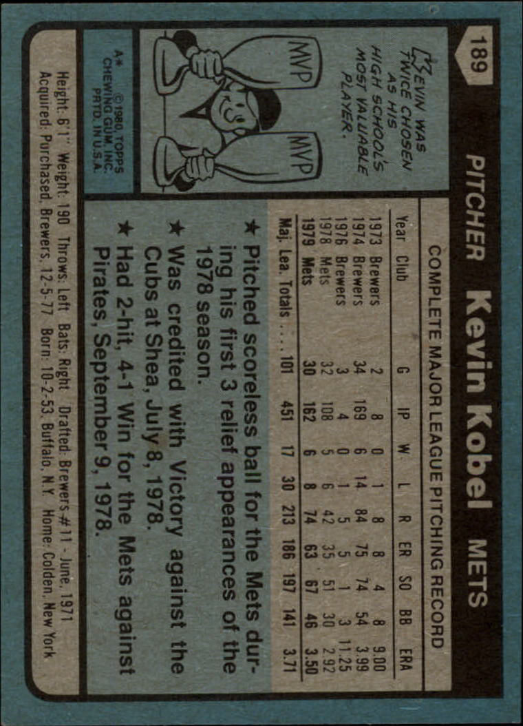 1980 Topps #189 Kevin Kobel back image