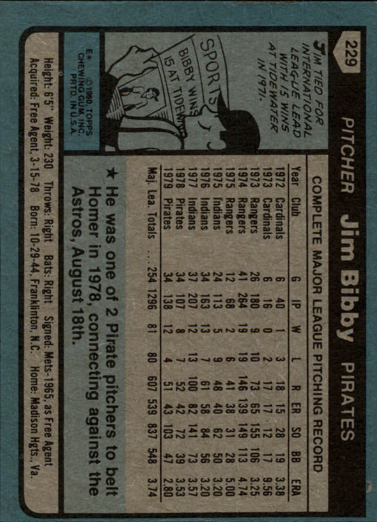 1980 Topps #229 Jim Bibby back image