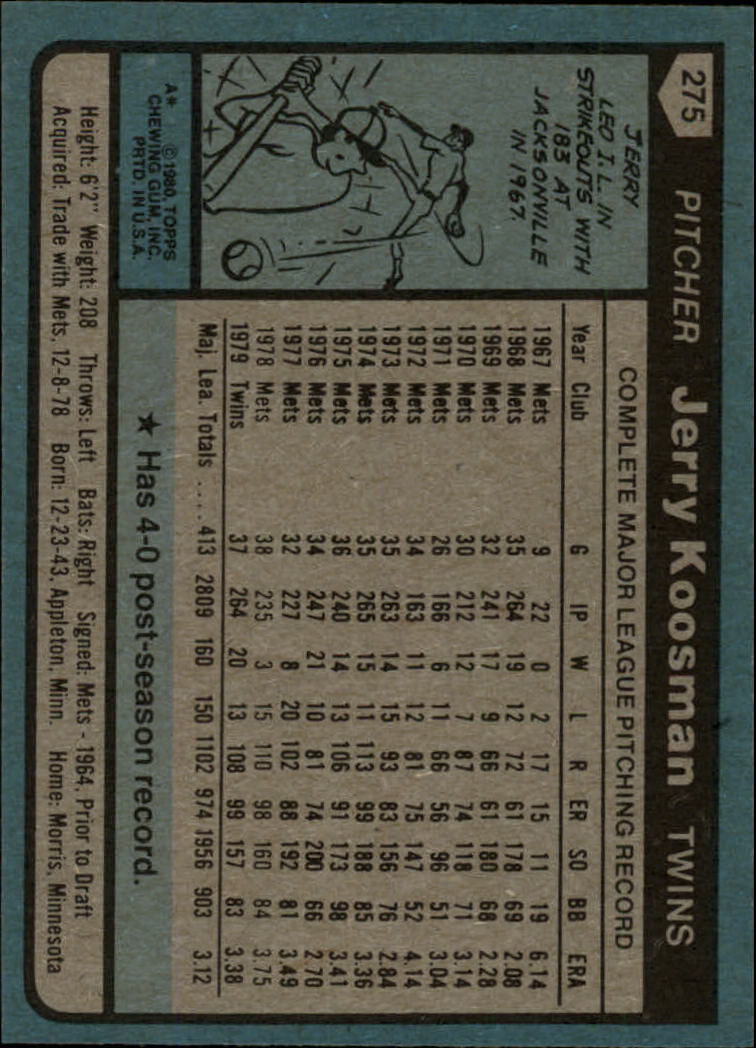 1980 Topps #275 Jerry Koosman back image