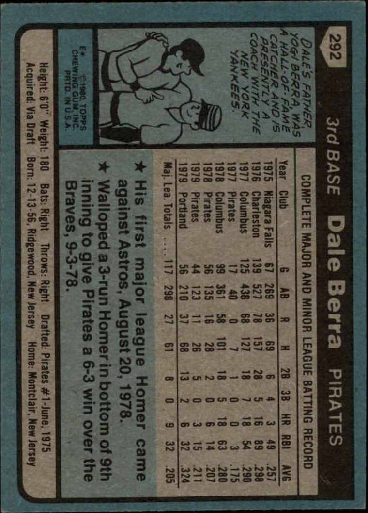 1980 Topps #292 Dale Berra back image