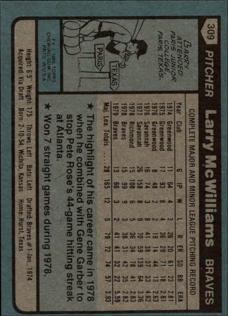 1980 Topps #309 Larry McWilliams back image