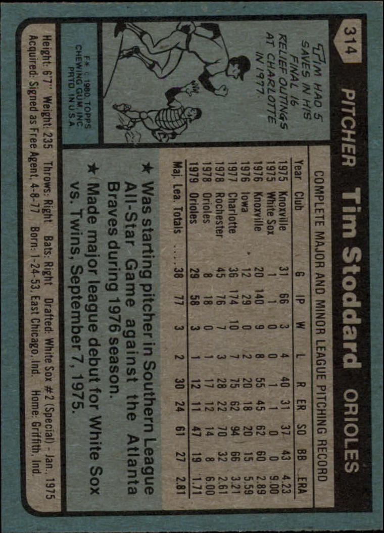 1980 Topps #314 Tim Stoddard RC back image