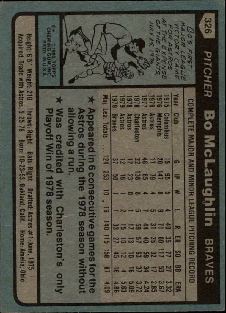 1980 Topps #326 Bo McLaughlin back image