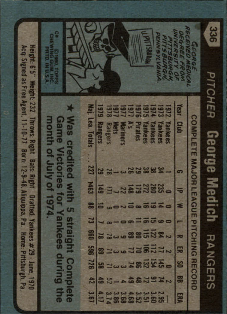 1980 Topps #336 George Medich back image