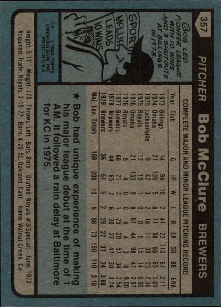 1980 Topps #357 Bob McClure back image