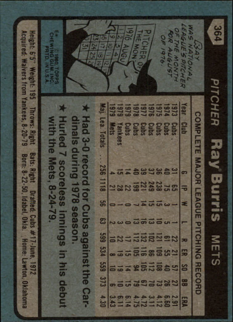 1980 Topps #364 Ray Burris back image
