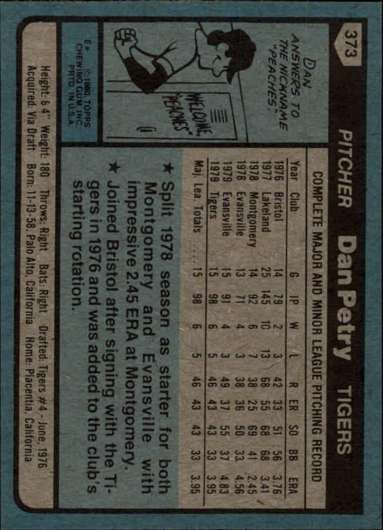 1980 Topps #373 Dan Petry DP RC back image