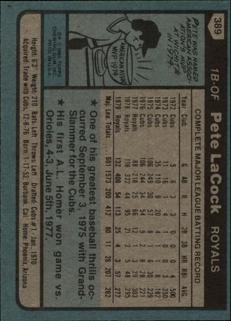 1980 Topps #389 Pete LaCock back image