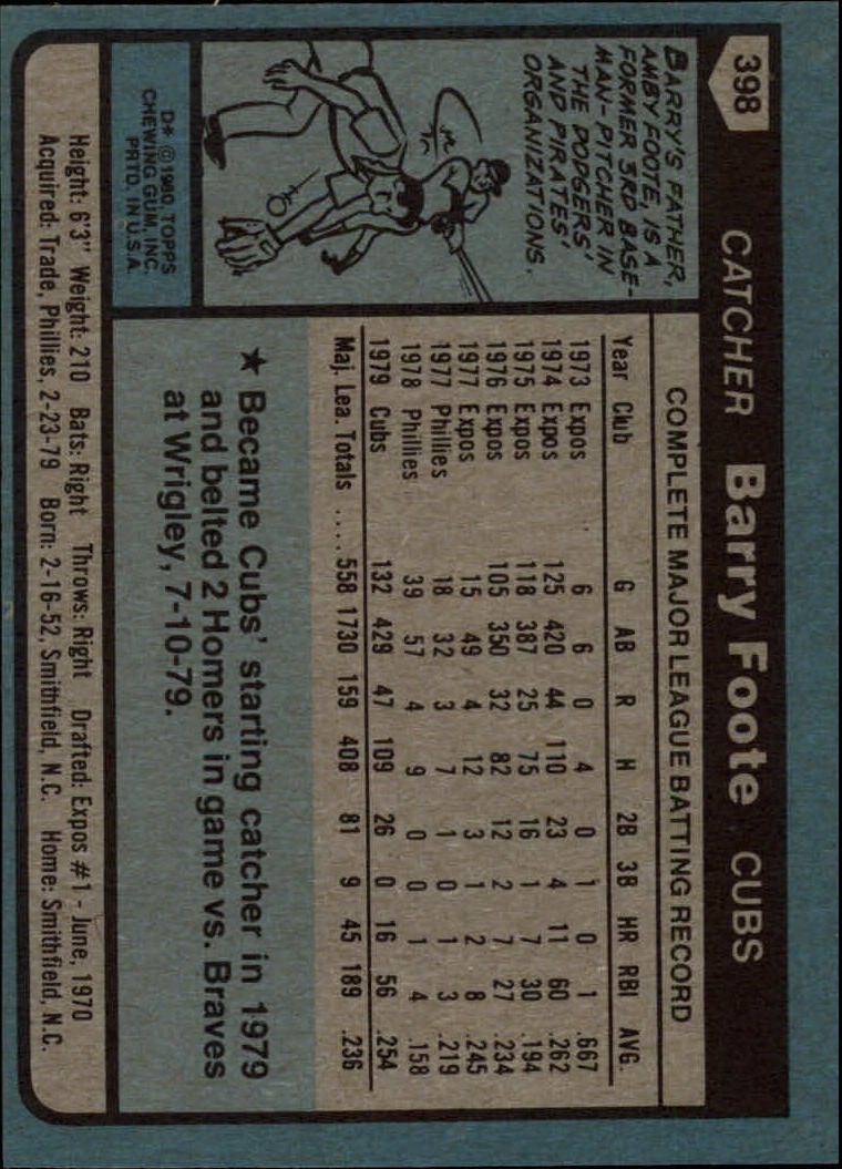 1980 Topps #398 Barry Foote back image