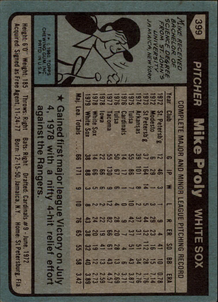 1980 Topps #399 Mike Proly DP back image
