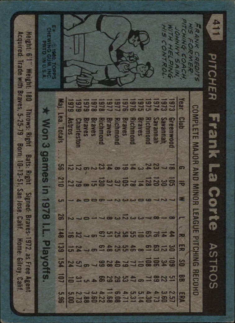 1980 Topps #411 Frank LaCorte back image