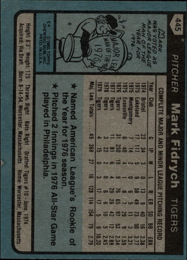 1980 Topps #445 Mark Fidrych back image