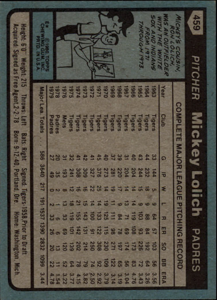 1980 Topps #459 Mickey Lolich DP back image
