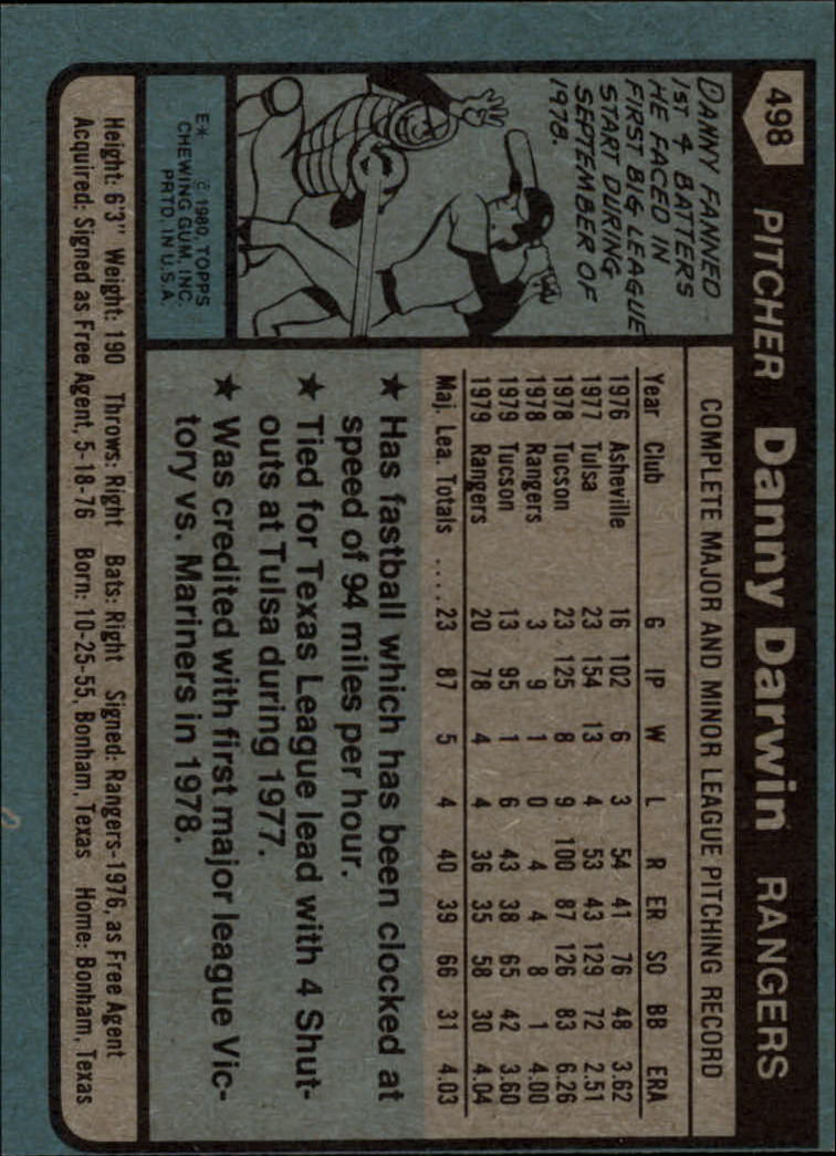 1980 Topps #498 Danny Darwin back image
