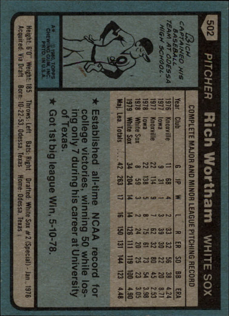 1980 Topps #502 Rich Wortham DP RC back image
