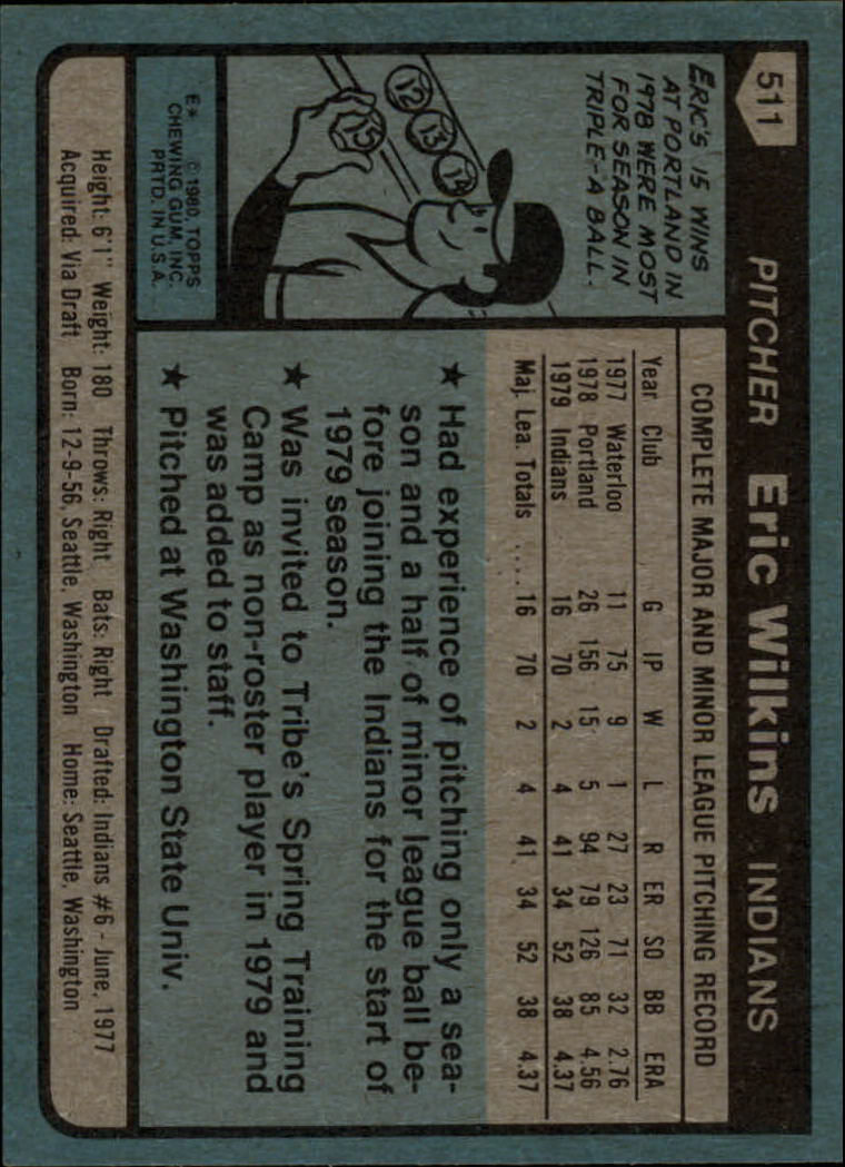 1980 Topps #511 Eric Wilkins RC back image