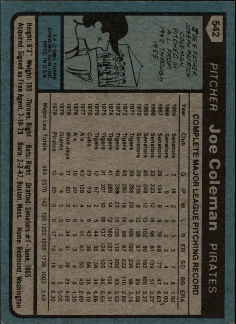 1980 Topps #542 Joe Coleman back image
