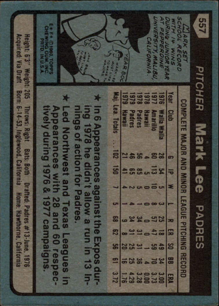 1980 Topps #557 Mark Lee back image