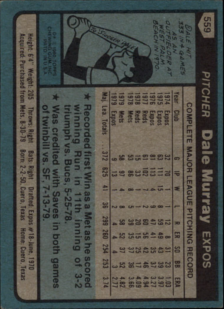 1980 Topps #559 Dale Murray back image