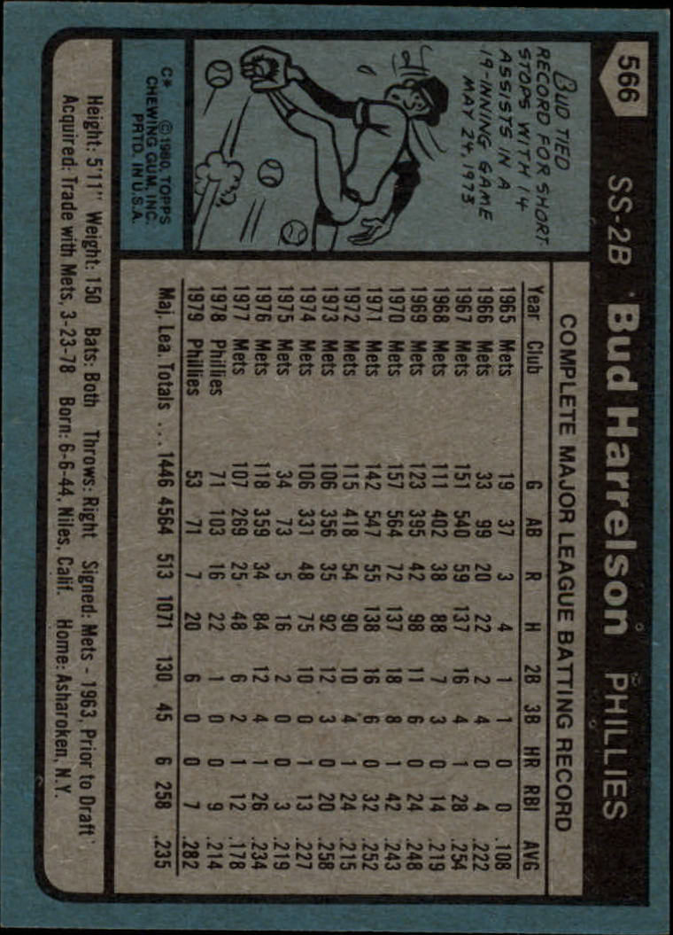 1980 Topps #566 Bud Harrelson back image
