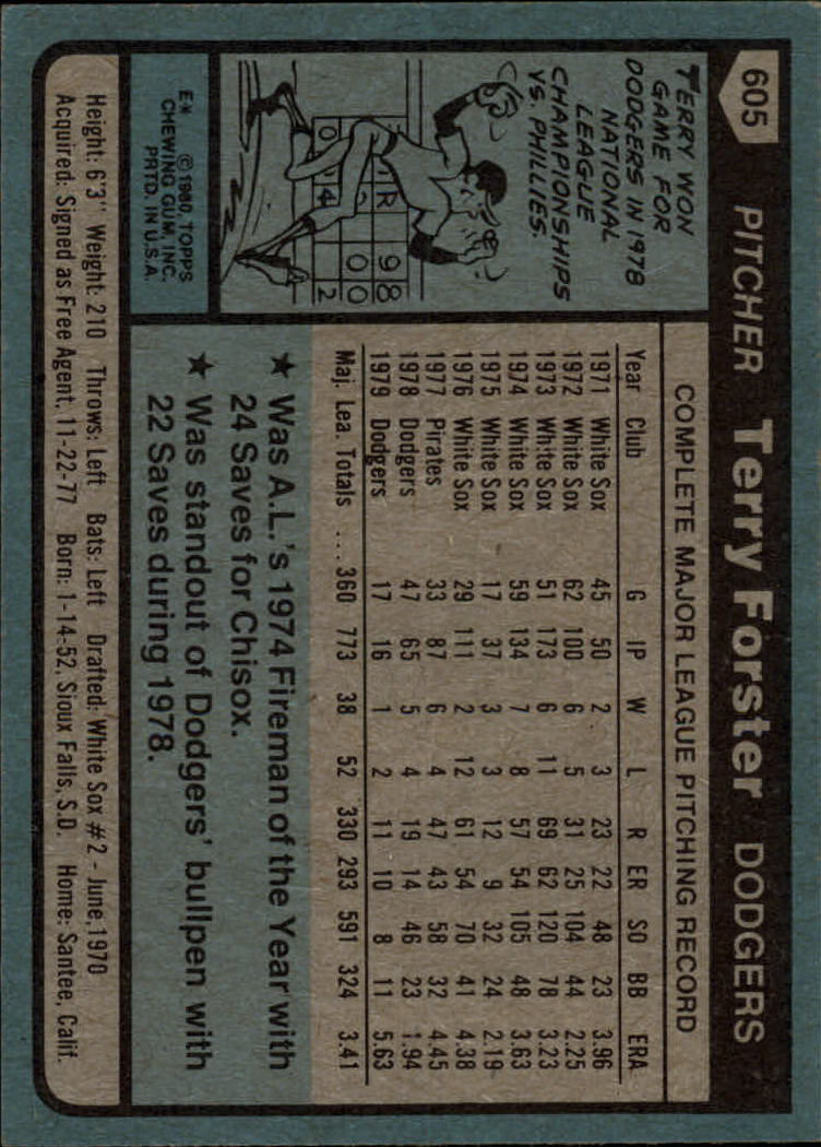 1980 Topps #605 Terry Forster back image