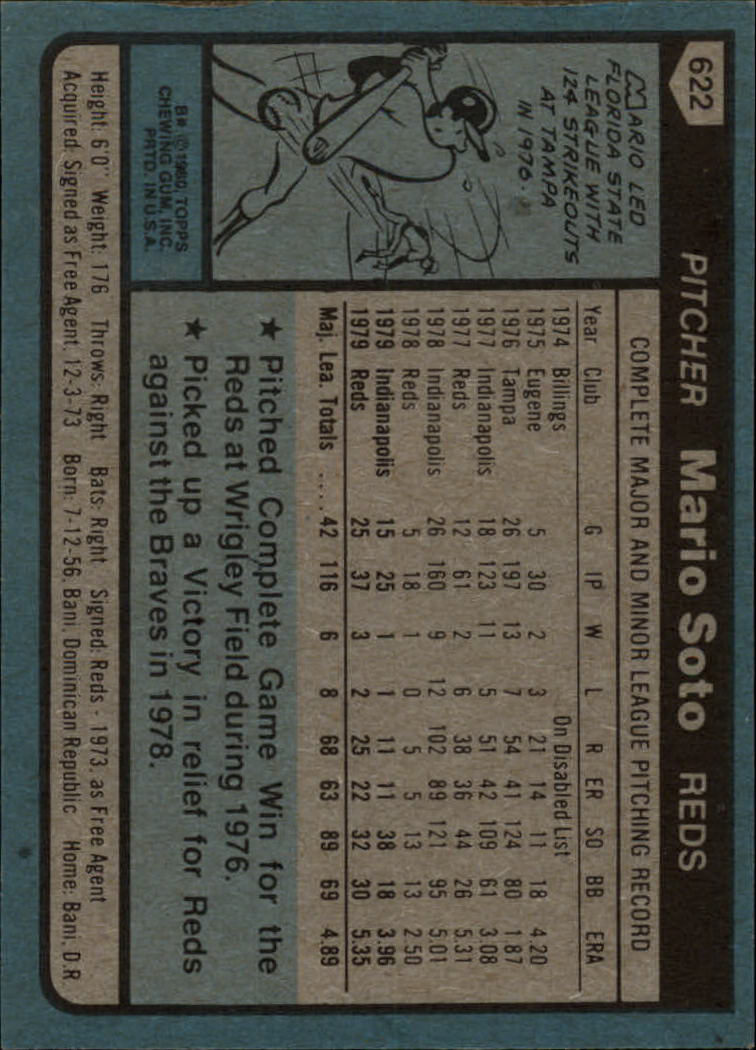 1980 Topps #622 Mario Soto back image