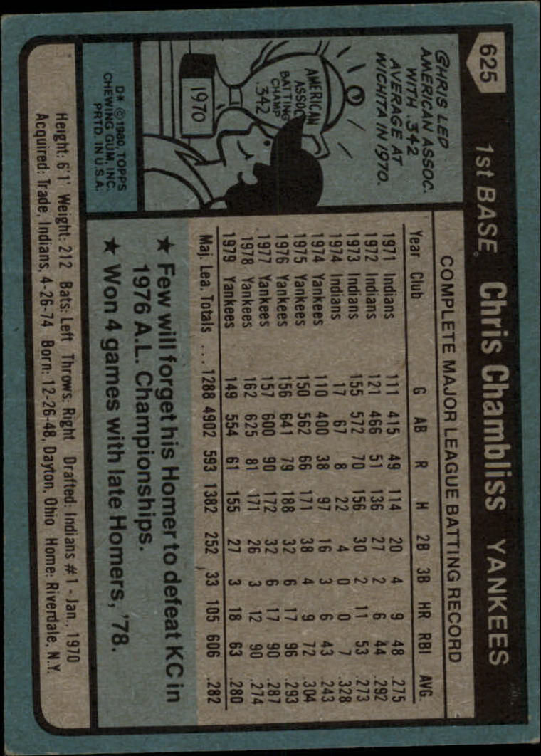 1980 Topps #625 Chris Chambliss back image