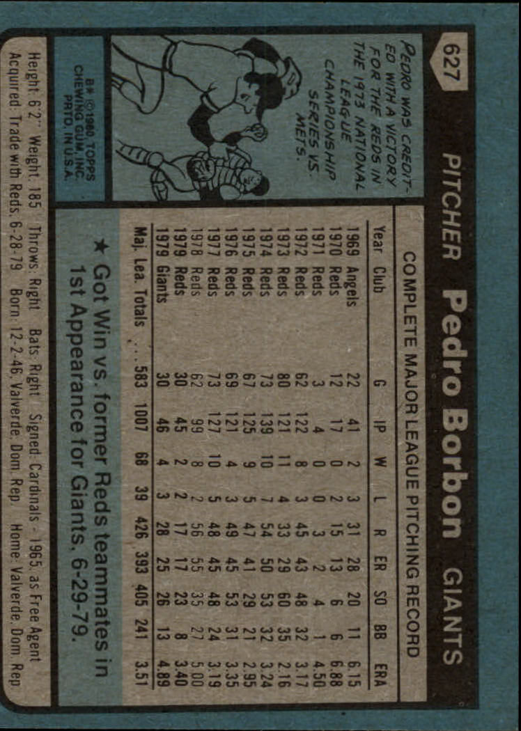 1980 Topps #627 Pedro Borbon back image