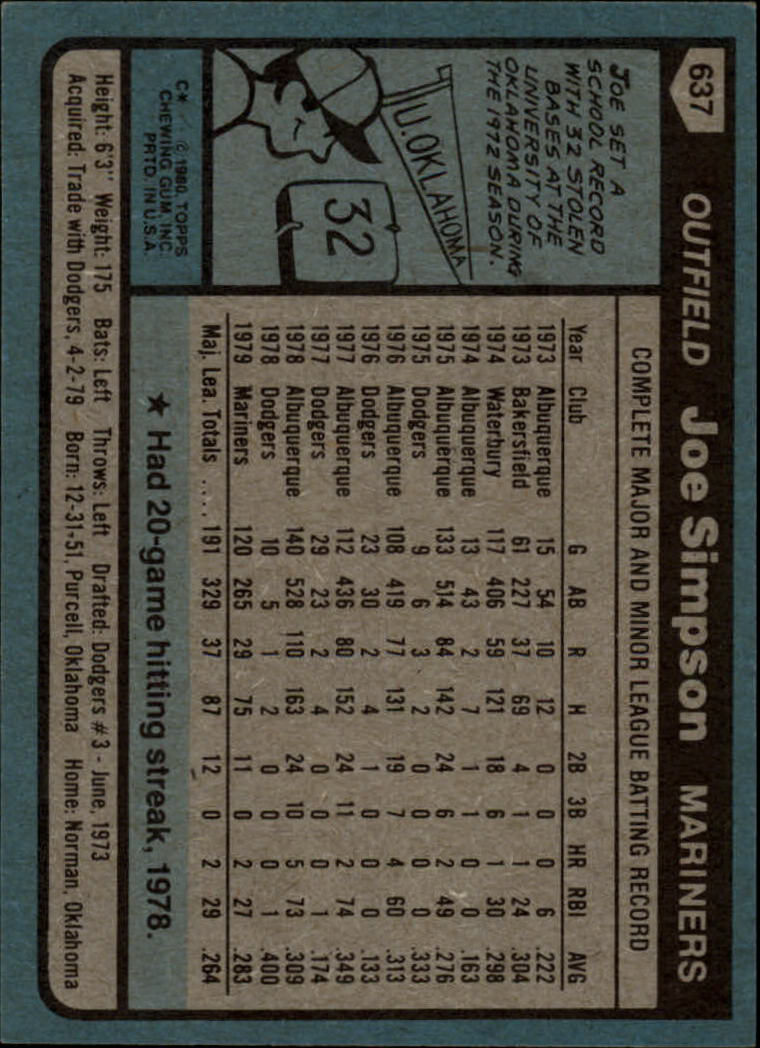 1980 Topps #637 Joe Simpson back image