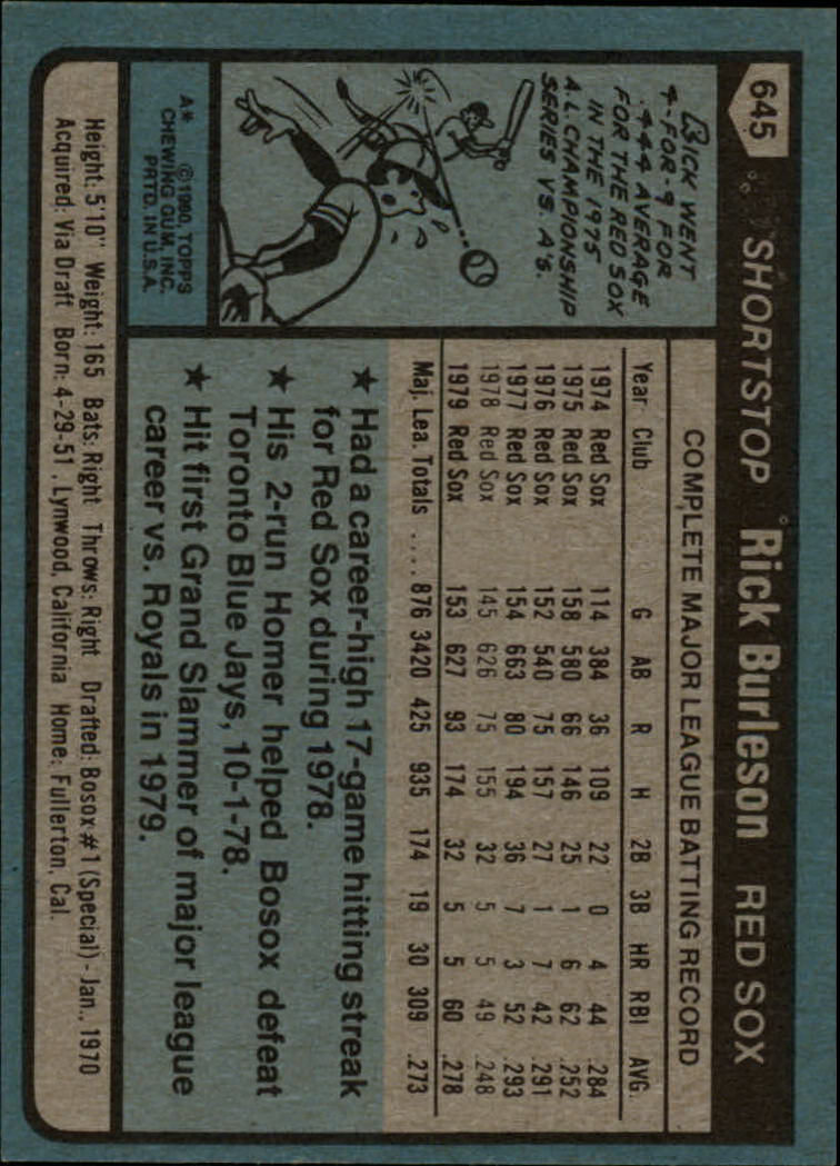 1980 Topps #645 Rick Burleson back image