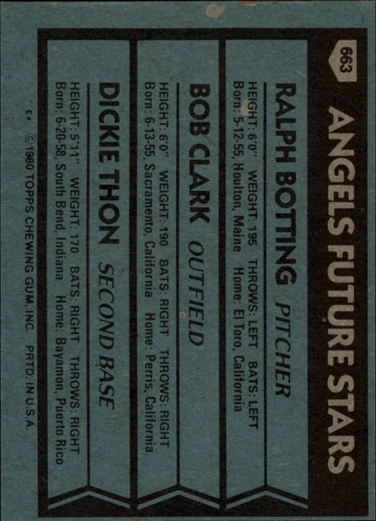 1980 Topps #663 Ralph Botting RC/Bob Clark RC/Dickie Thon RC back image