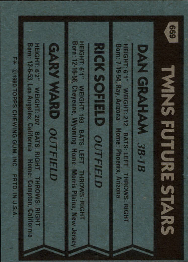 1980 Topps #669 Dan Graham RC/Rick Sofield/Gary Ward RC back image