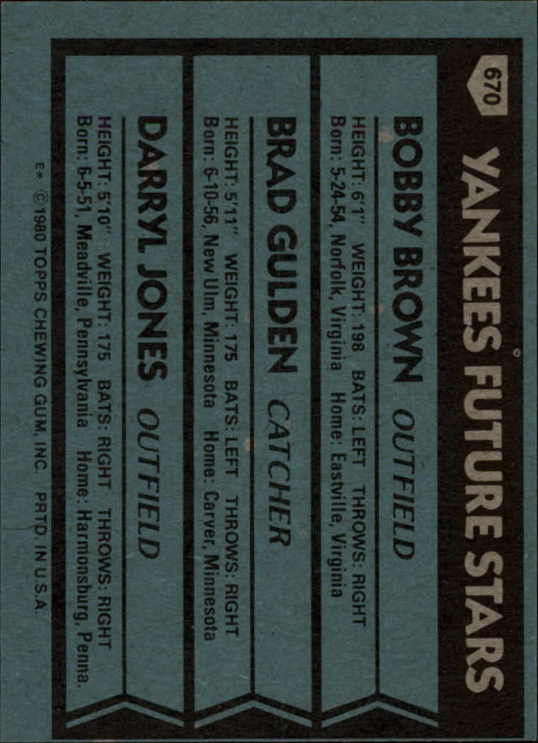 1980 Topps #670 Bobby Brown RC/Brad Gulden RC/Darryl Jones RC back image