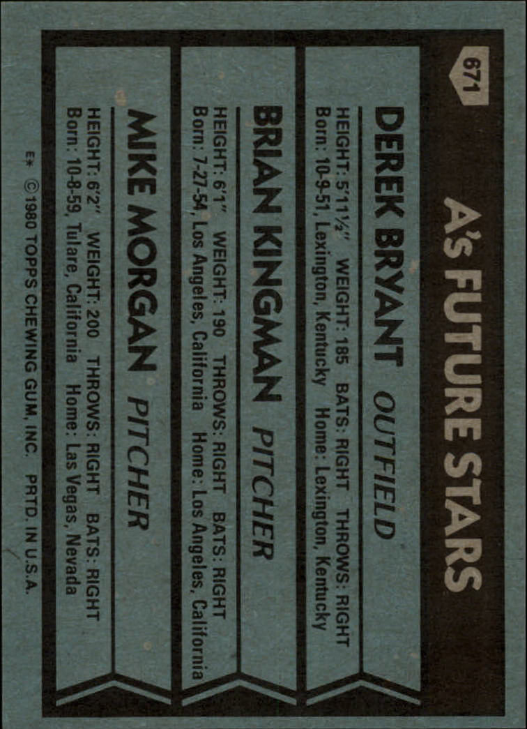 1980 Topps #671 Derek Bryant RC/Brian Kingman RC/Mike Morgan RC back image