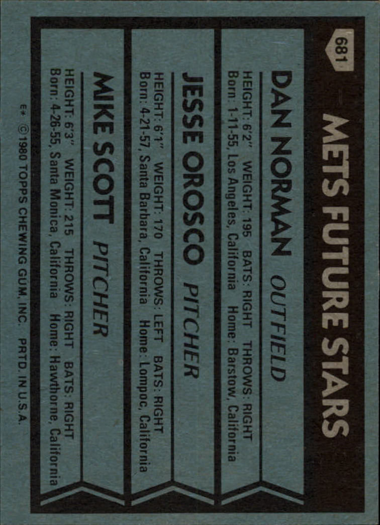 1980 Topps #681 Dan Norman/Jesse Orosco RC/Mike Scott RC back image