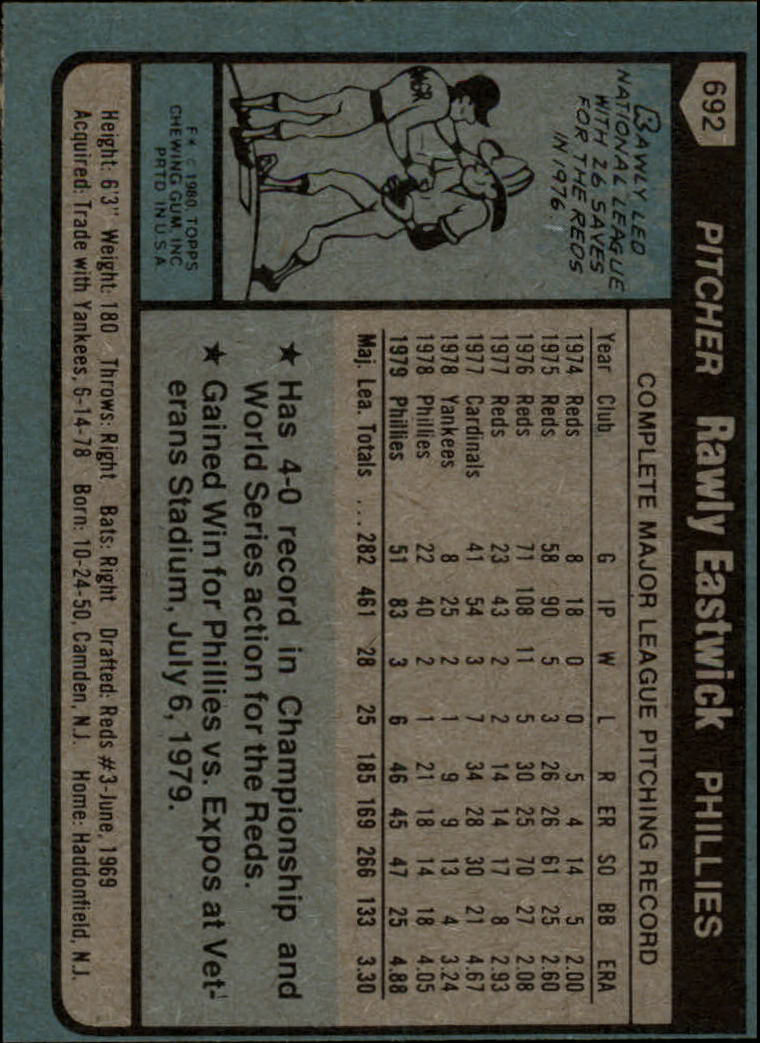 1980 Topps #692 Rawly Eastwick DP back image