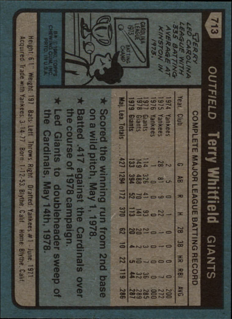 1980 Topps #713 Terry Whitfield back image