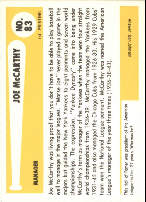 1980-87 SSPC HOF #83 Joe McCarthy back image