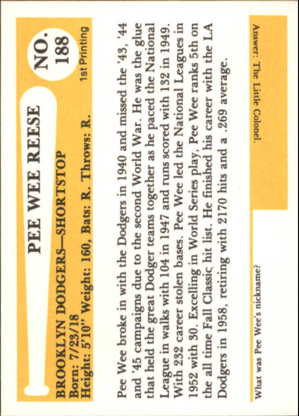 1980-87 SSPC HOF #188 Pee Wee Reese back image
