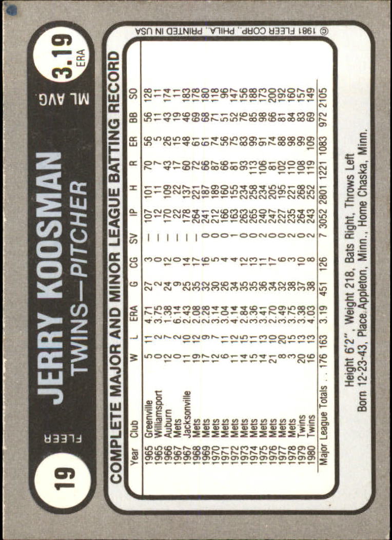 1981 Fleer Star Stickers #19 Jerry Koosman back image