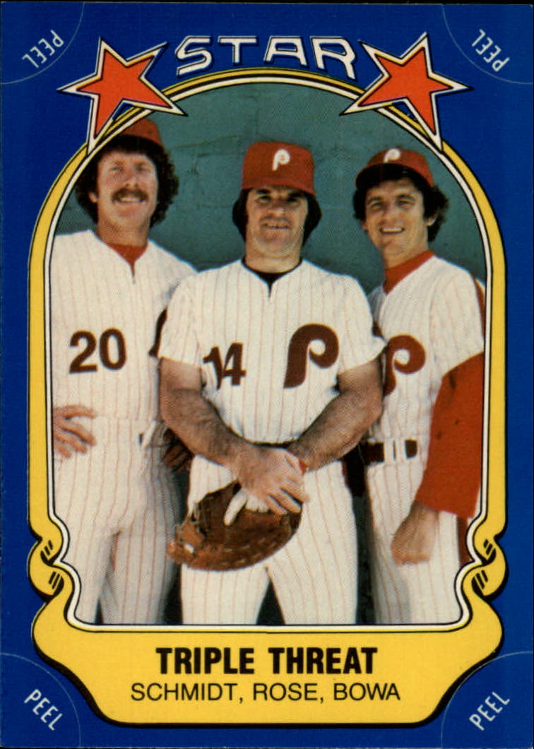 1981 Fleer Star Stickers #43 Triple Threat:/Pete Rose/Larry Bowa/Mike Schmid