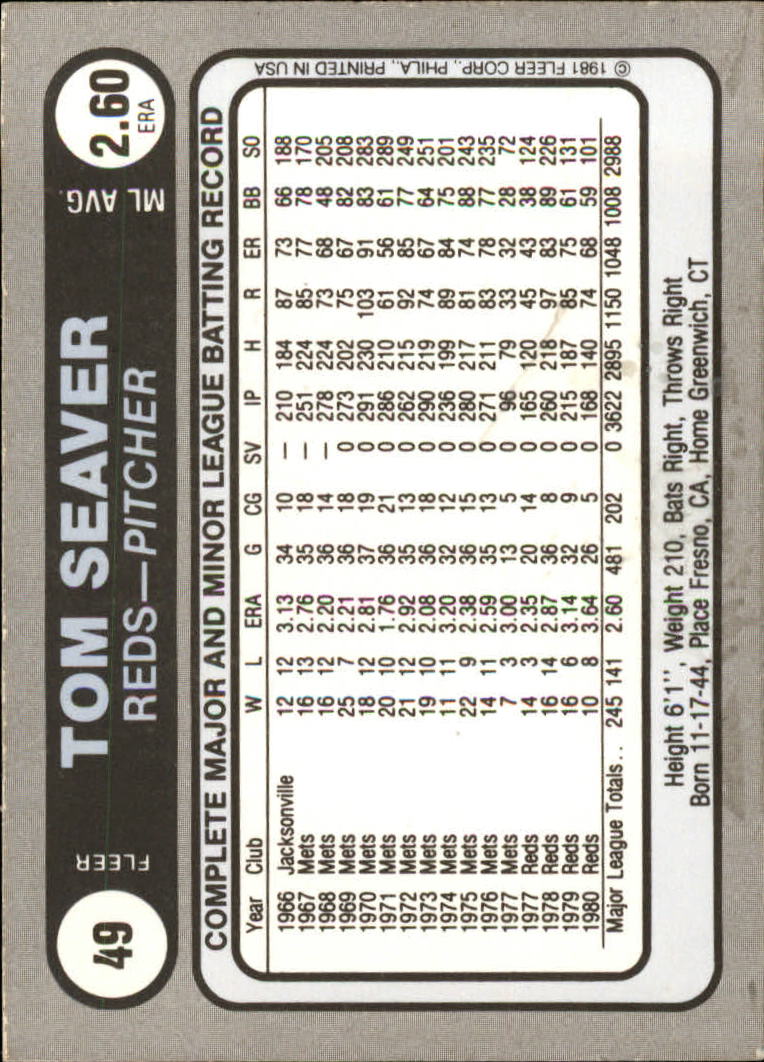 1981 Fleer Star Stickers #49 Tom Seaver back image