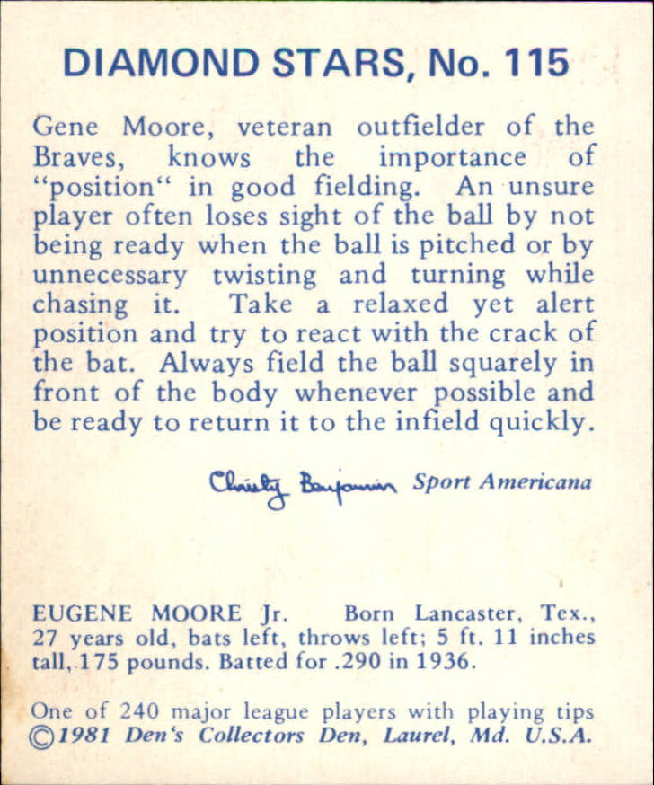 1981 Diamond Stars Continuation Den's #115 Gene Moore back image