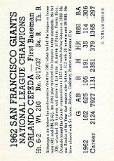 1981 Giants 1962 TCMA #10 Orlando Cepeda back image