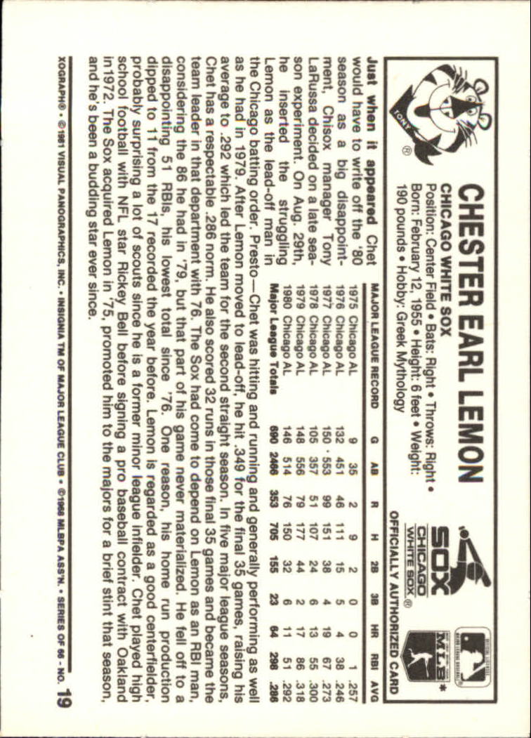 1981 Kellogg's #19 Chet Lemon back image