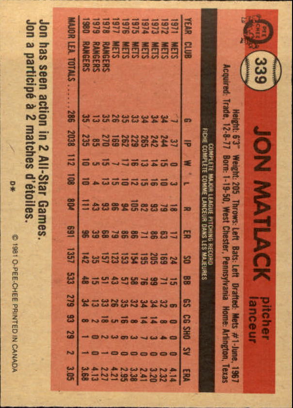 1981 O-Pee-Chee #339 Jon Matlack back image