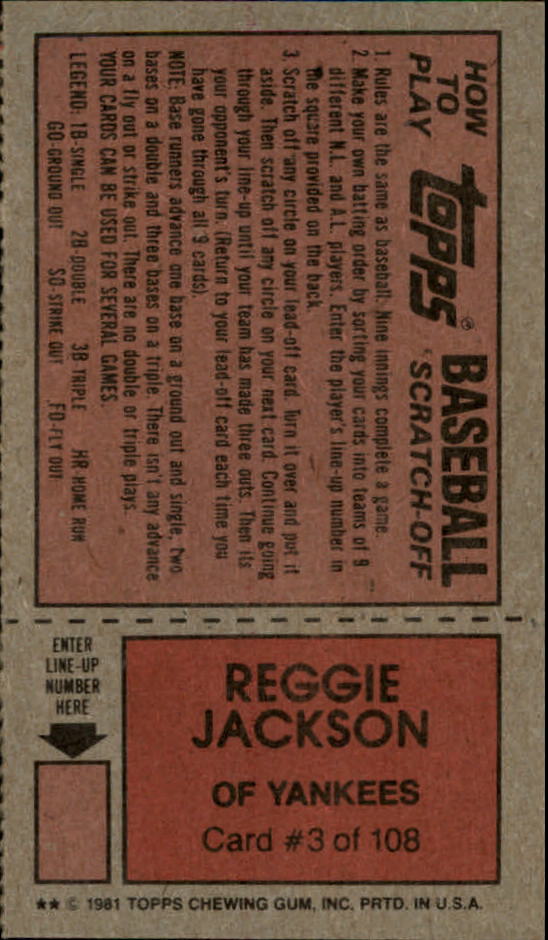 1981 Topps Scratchoffs #3 Reggie Jackson back image