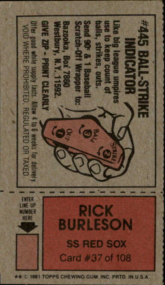 1981 Topps Scratchoffs #37a Rick Burleson BSI back image