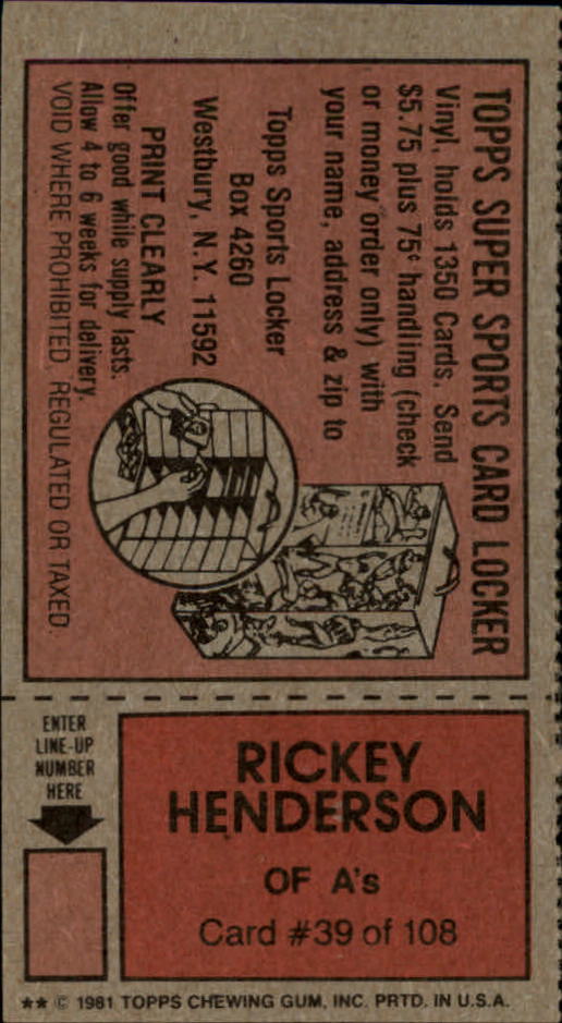1981 Topps Scratchoffs #39a Rickey Henderson Hat back image
